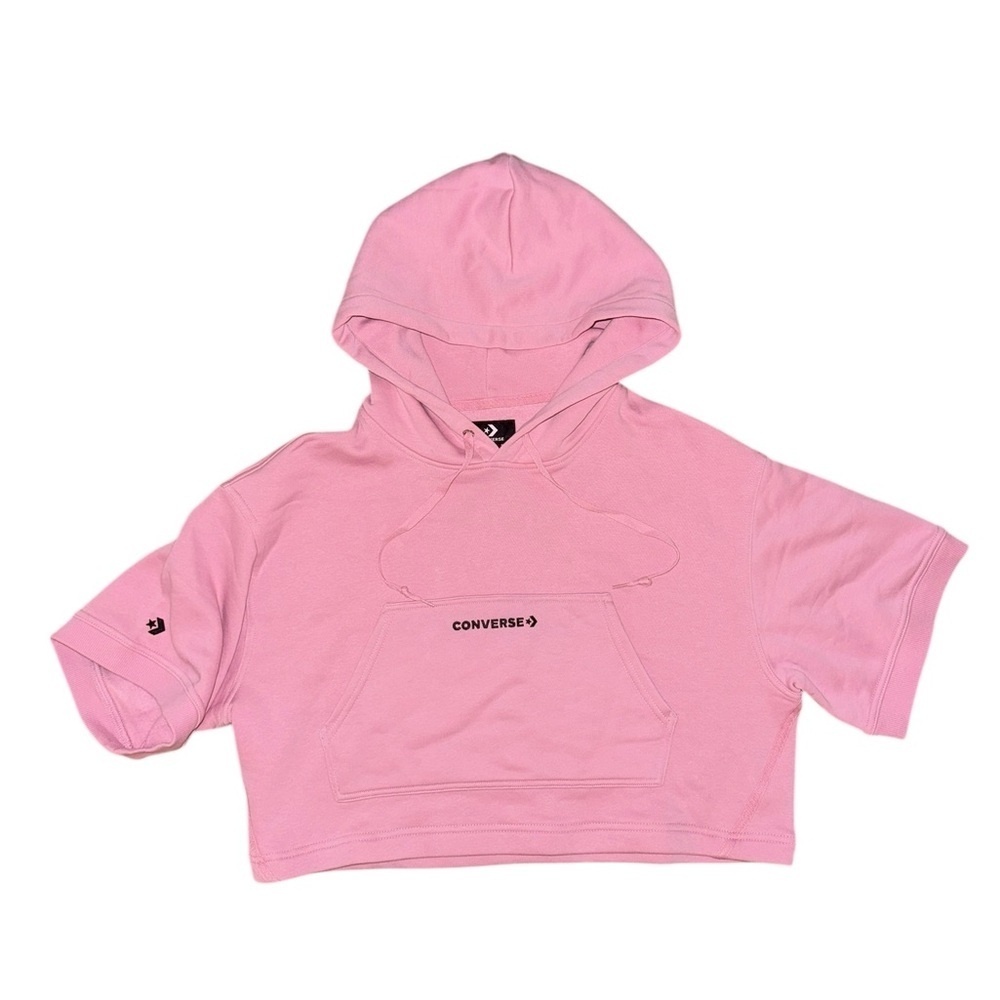 Girls Converse Pink Cropped Short Sleeve Hoodie Sweatshirt Size L Large NWT